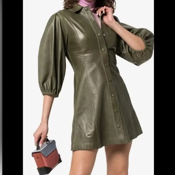 GANNI Leather Olive Green Meranti Puffed
Sleeve Dress Goddess - Size 38 EU/ 8 US - Picture 1 of 14